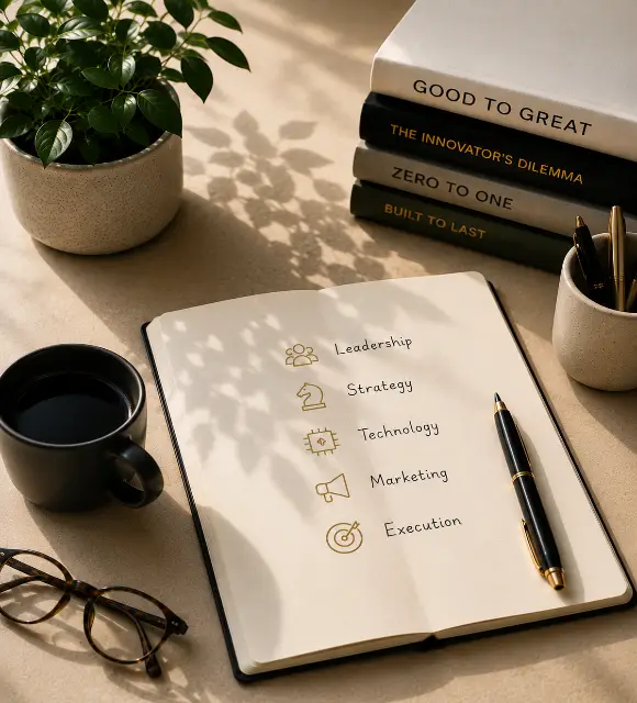 Workspace representing leadership, strategy, technology, marketing, and execution